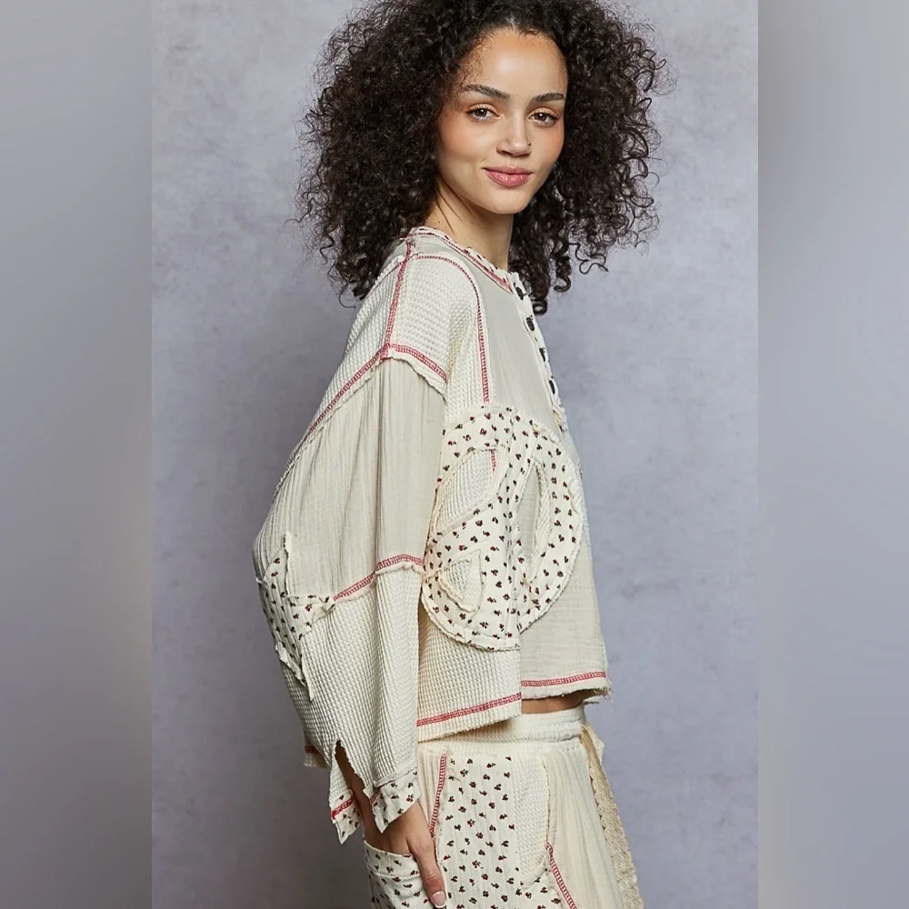POL Cream and Red Patterned Blouse